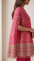 RANGIRA — Pink Bandhani Print Cape Top & Modal Silk Pant Set — thumbnail 3