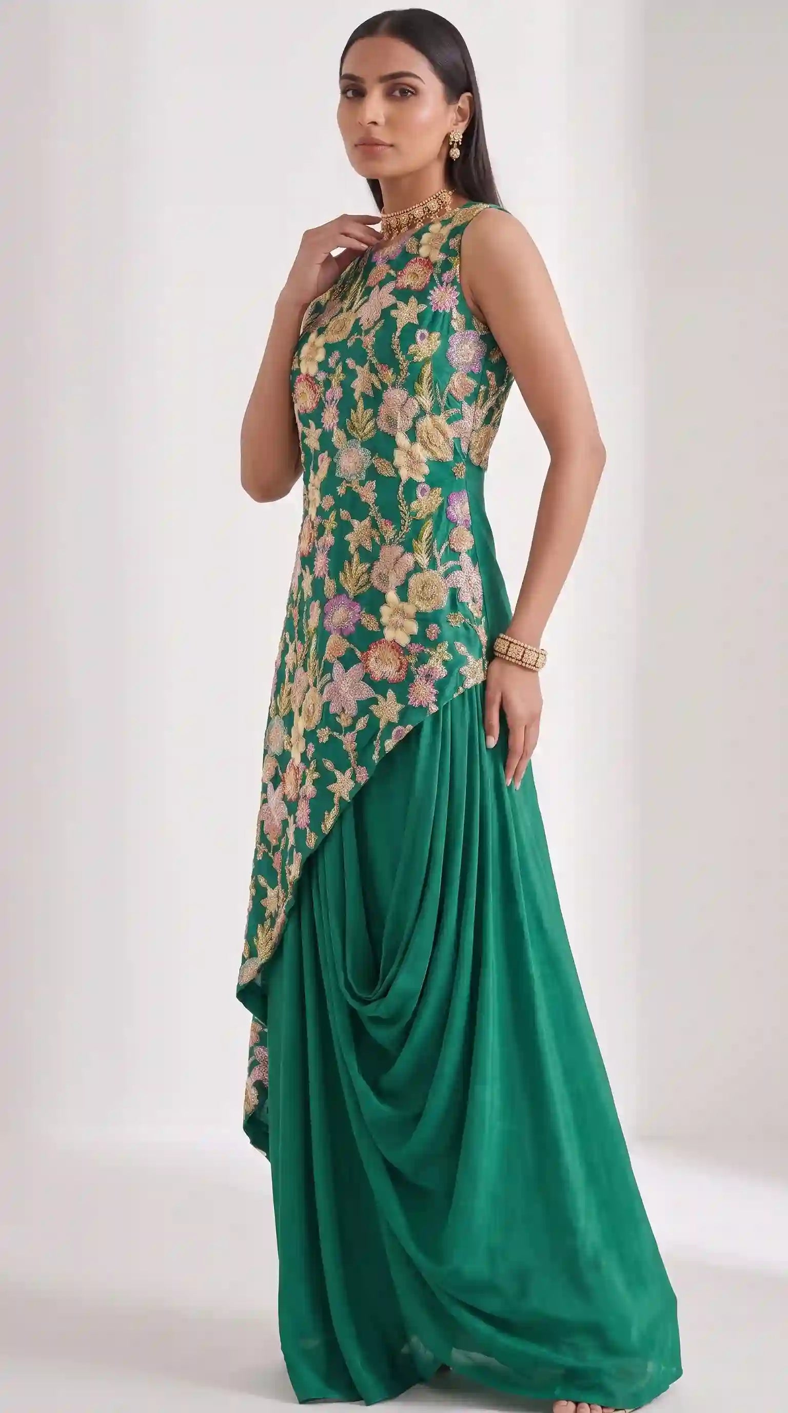 VEERA - Crepe Embroidered Asymmetrical Top & Draped Skirt Set (Green)