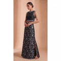 ISHIRA — Black Raw Silk Brocade Column Skirt Set