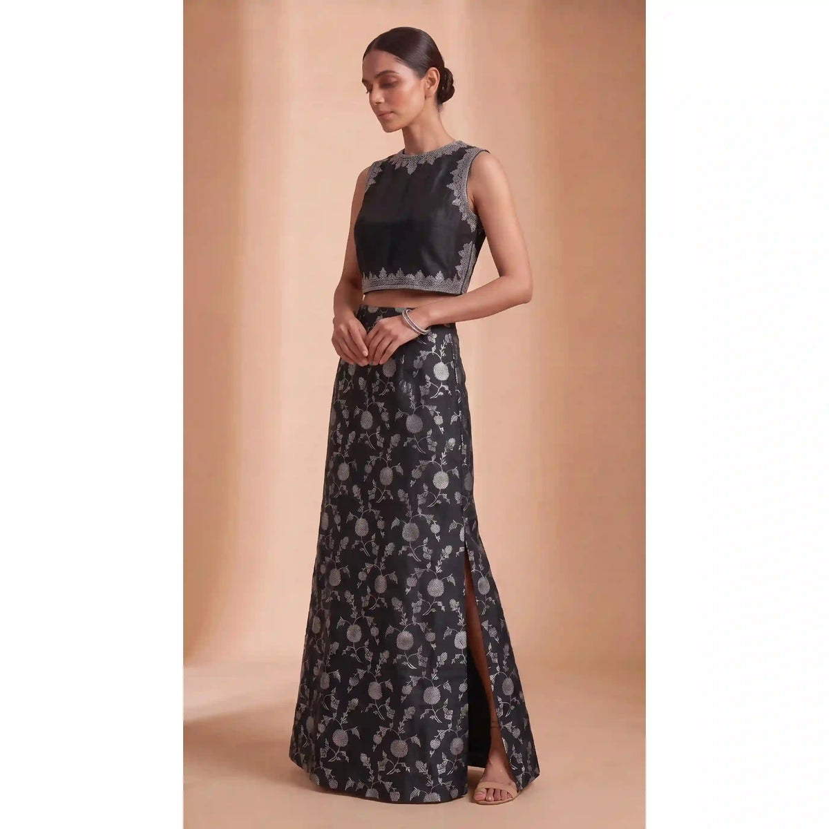 ISHIRA — Black Raw Silk Brocade Column Skirt Set
