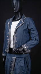 Blue Denim Jacket-Dhoti and Crop top Set