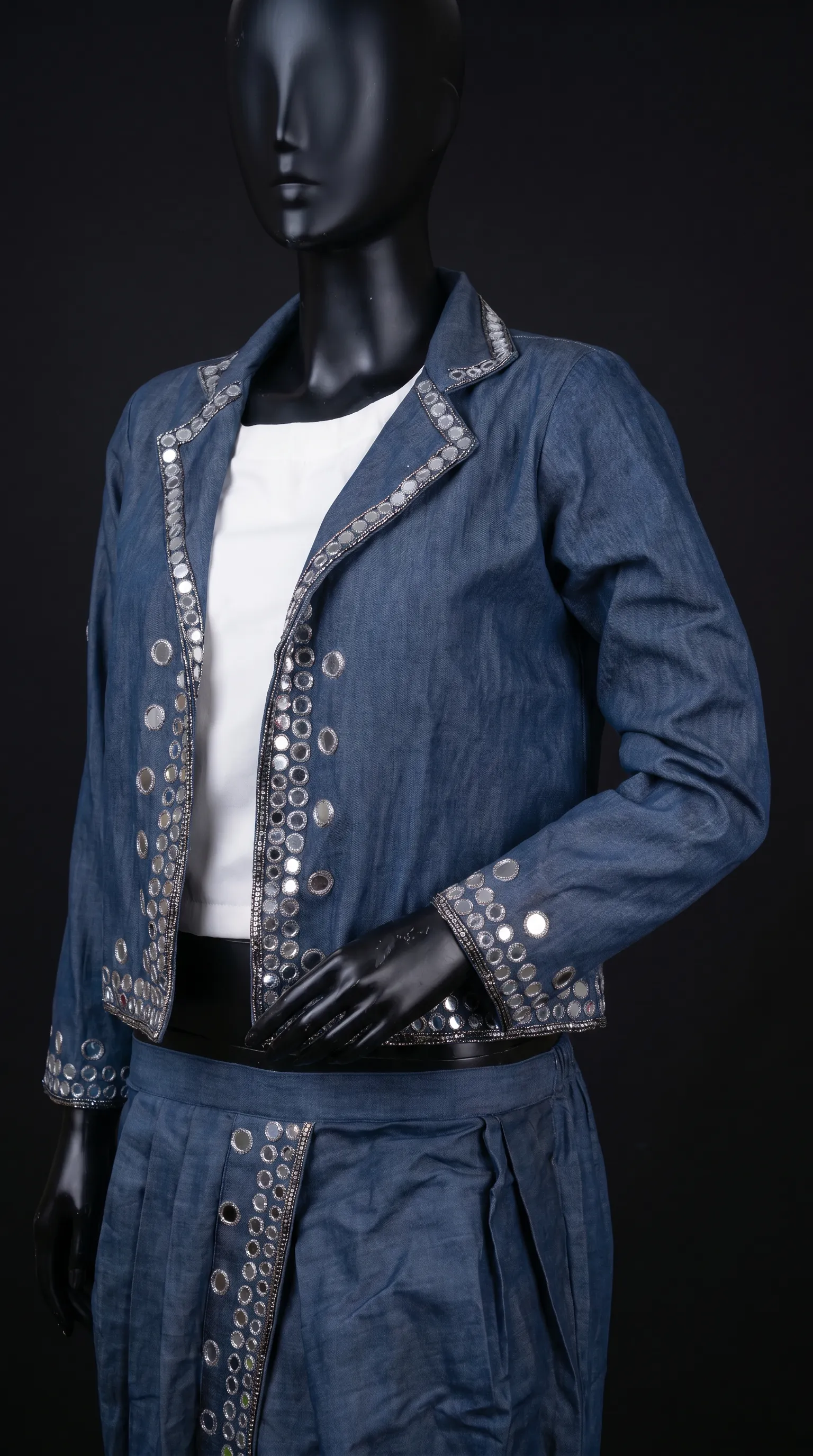 Blue Denim Jacket-Dhoti and Crop top Set