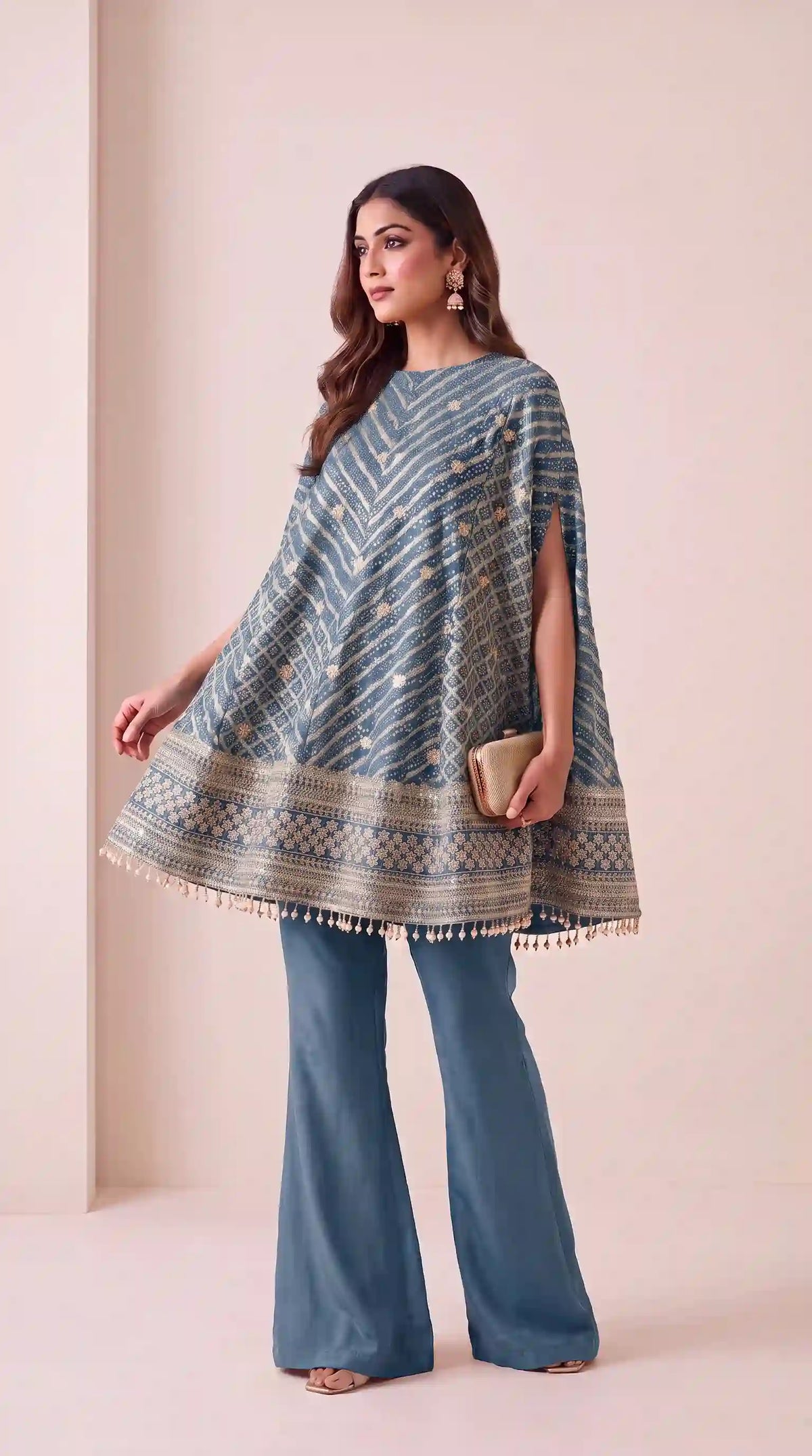 RANGIRA — Blue Bandhani Print Cape Top & Modal Silk Pant Set