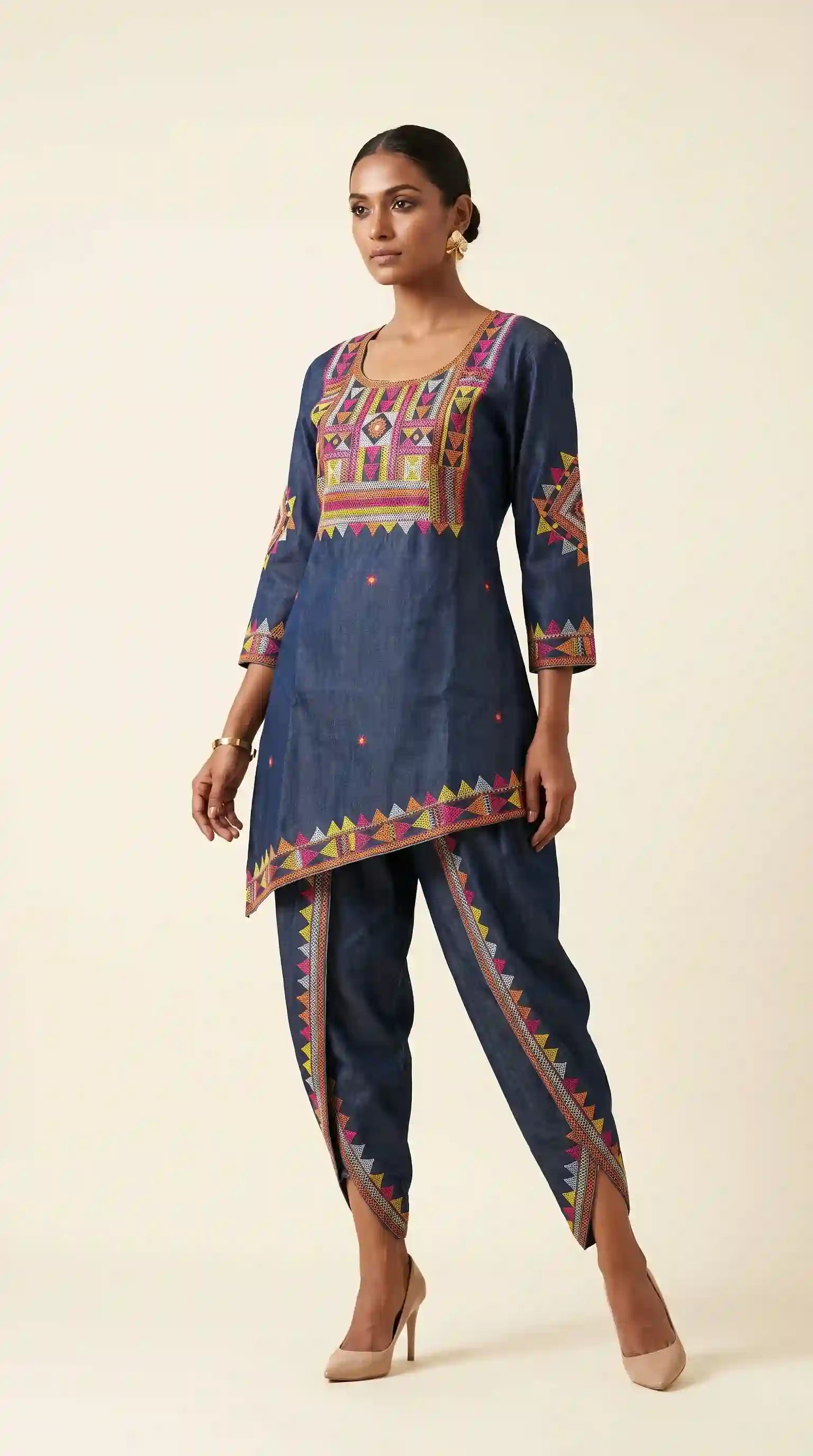 Blue Denim Lambani Tunic-Dhoti Set