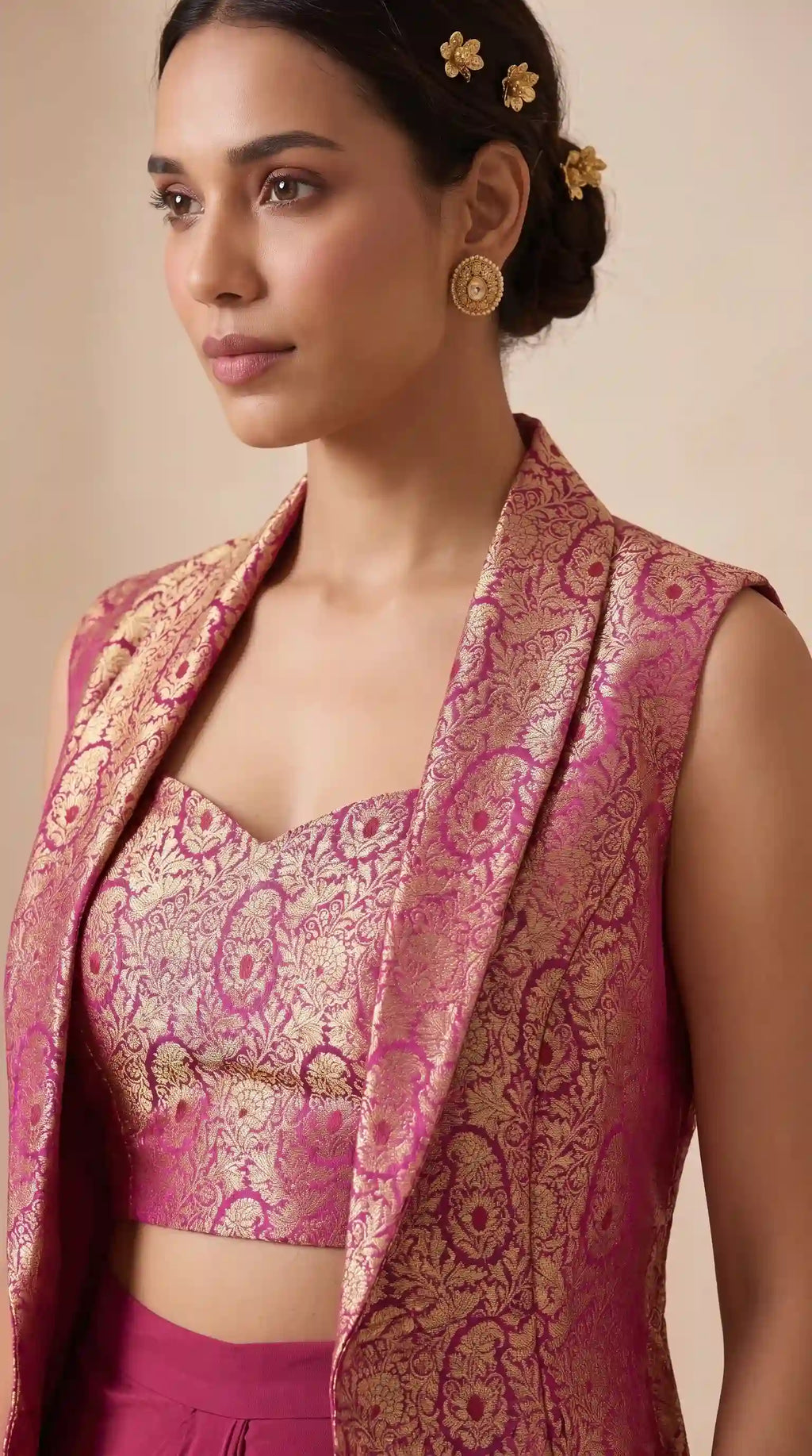 PANNA — Banarasi Satin Kimkhab Zardosi Blouse & Draped Skirt and Jacket Set (Pink) featuring zardosi hand embroidery with ban