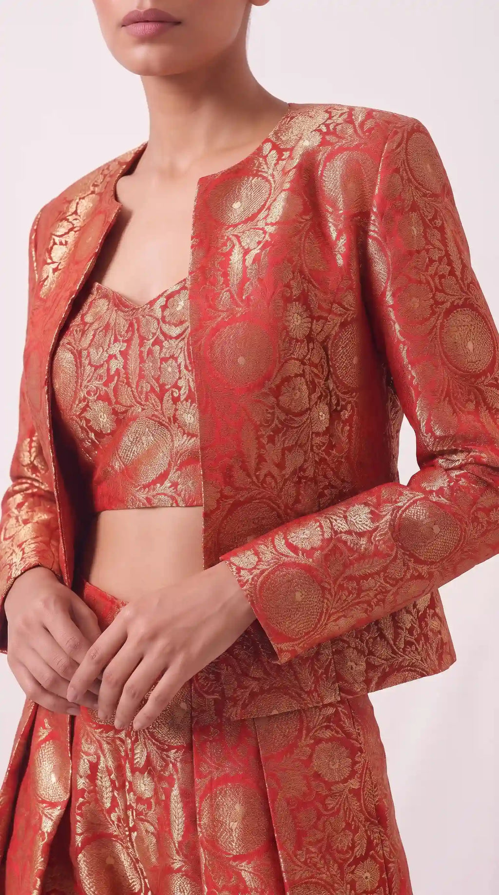 KANIRA — Red Katan Silk Brocade Jacket, Crop Top & Pant Set