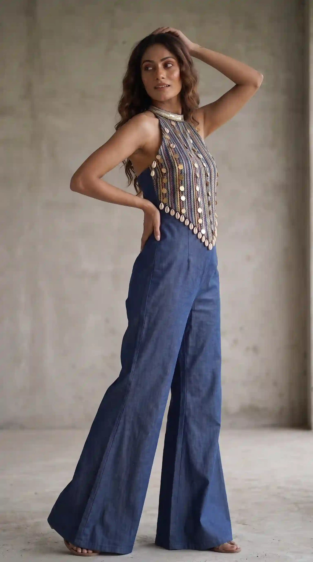 Blue Denim Threadwork Halter Neck Jumpsuit