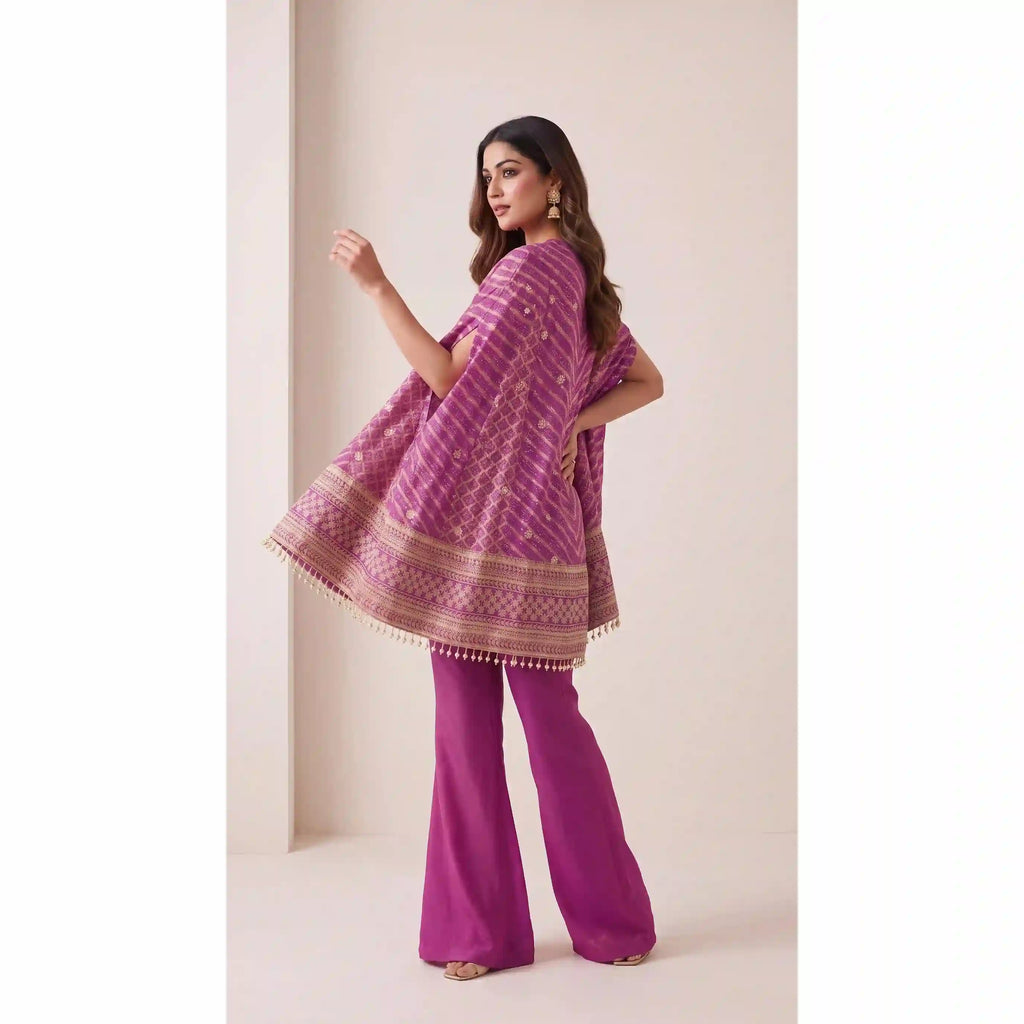 RANGIRA — Purple Bandhani Print Cape Top & Modal Silk Pant Set
