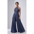 Blue Denim Mirror Work Halter Neck Jumpsuit