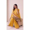 RANGIRA — Yellow Bandhani Print Cape Top & Modal Silk Pant Set