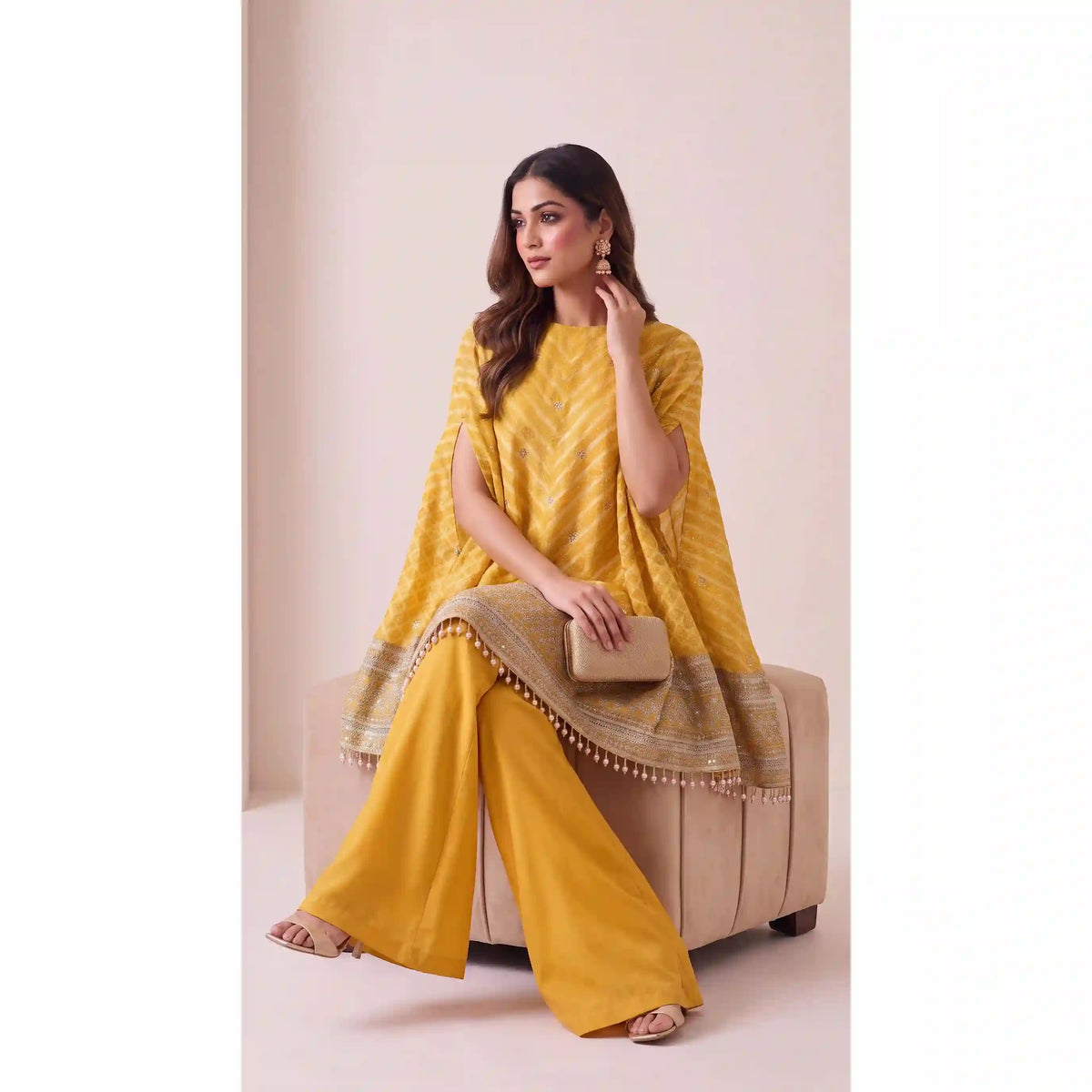 RANGIRA — Yellow Bandhani Print Cape Top & Modal Silk Pant Set