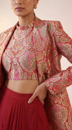 ZAIRA — Crimson Red Banarasi Brocade Blazer & Draped Skirt Set — thumbnail 2