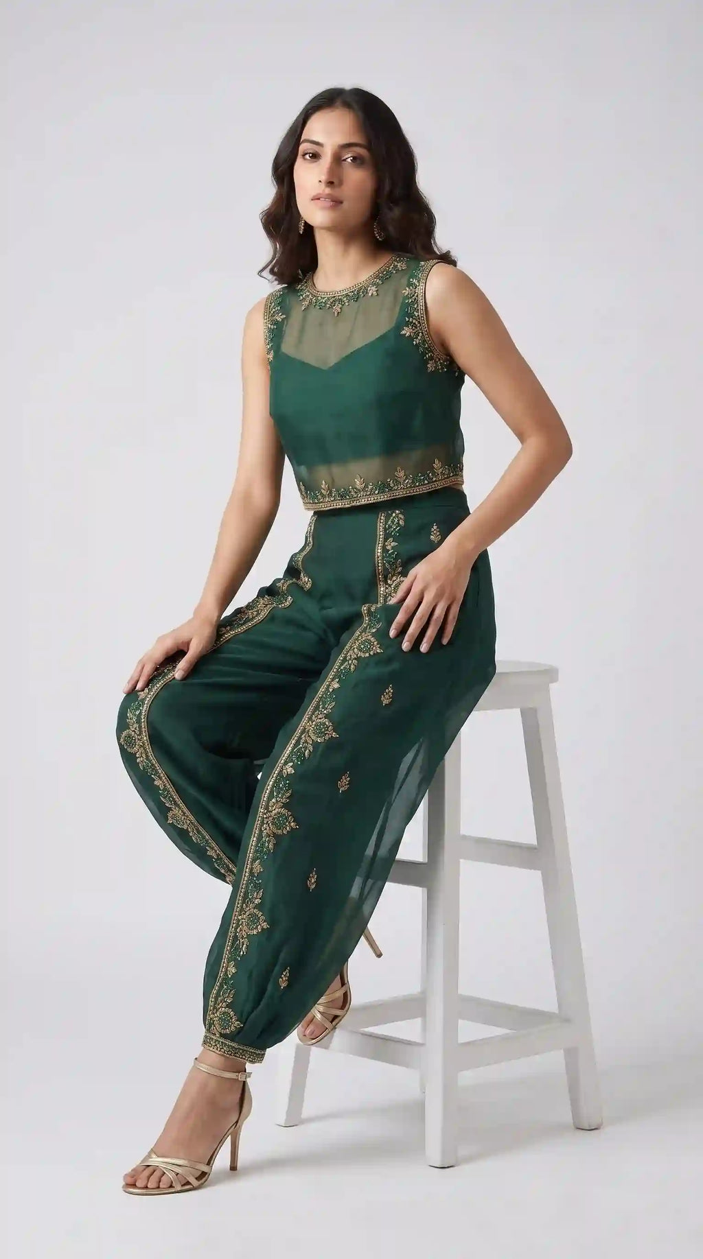 AARANYA — Emerald Green Organza Silk Embroidered Pant Set