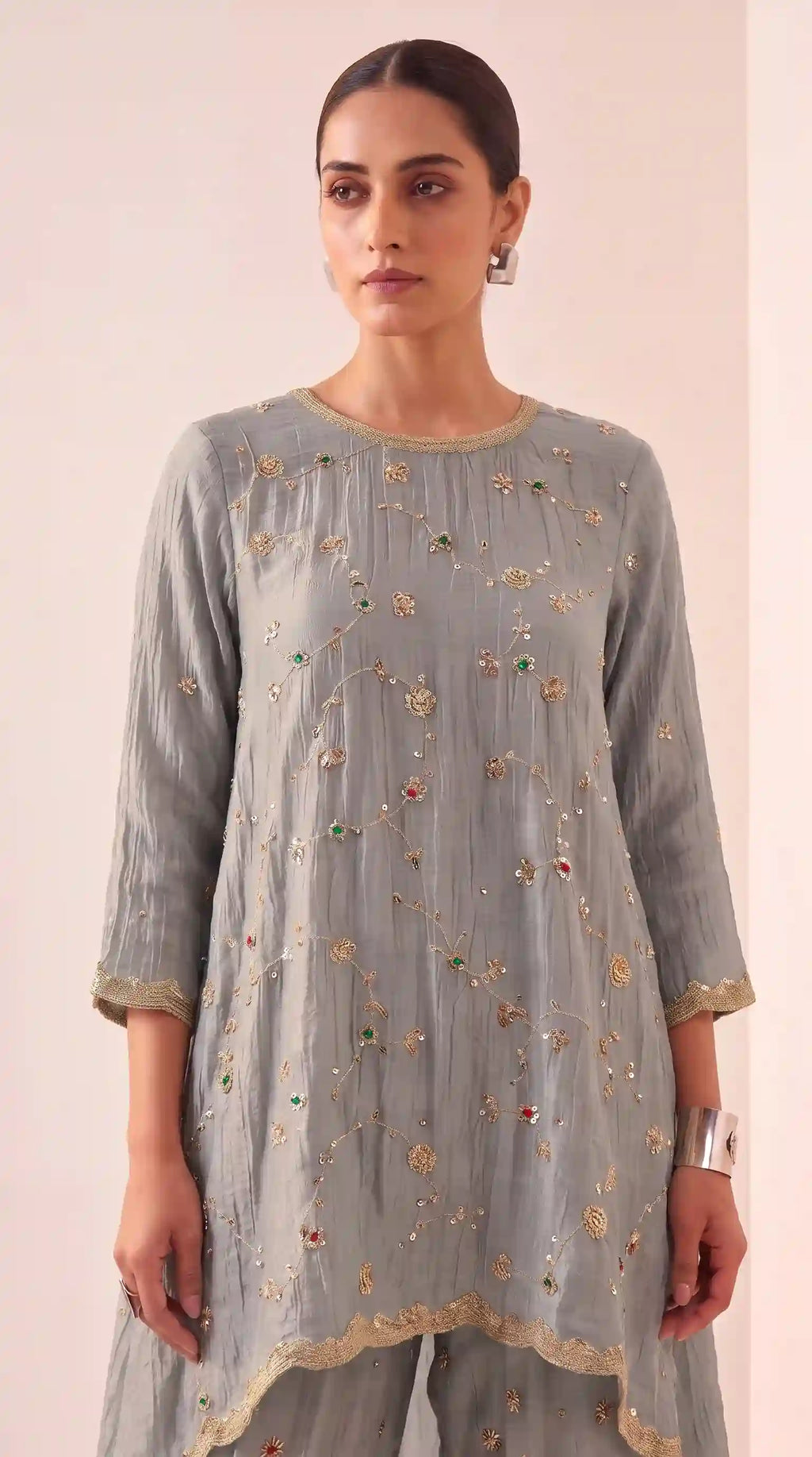 IRAAYA — Silver Grey Crushed Tissue Silk Kurta & Tulip Dhoti Set