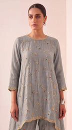 IRAAYA — Silver Grey Crushed Tissue Silk Kurta & Tulip Dhoti Set — thumbnail 4