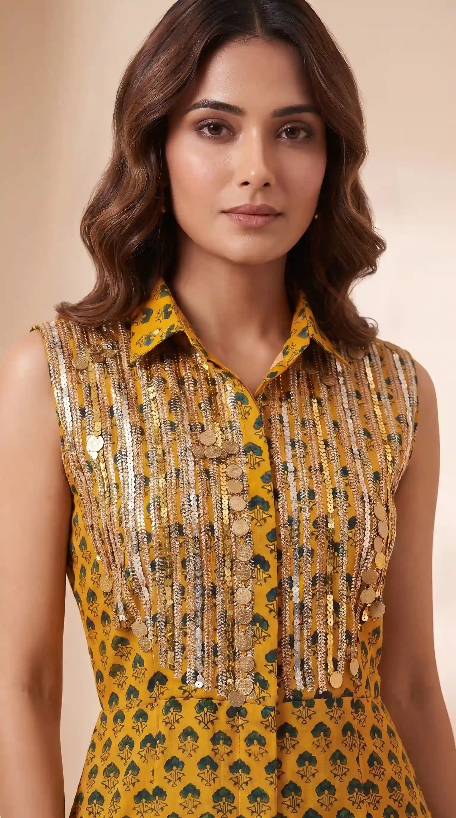 Yellow Ajrakh Modal Silk Jumpsuit with Embroidery
