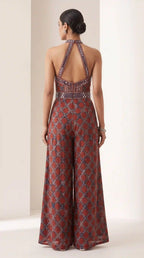 Rust Red Ajrakh Modal Silk Jumpsuit with Mirror Work — thumbnail 3