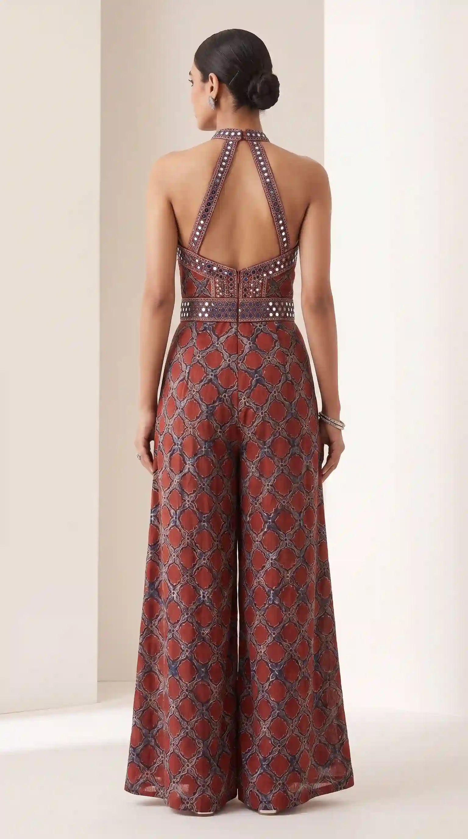 Rust Red Ajrakh Modal Silk Jumpsuit with Mirror Work