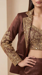 SITARA — Modal Silk Zardosi Brown Crop Top & Palazzo Pant and Blazer Set featuring zardosi hand embroidery