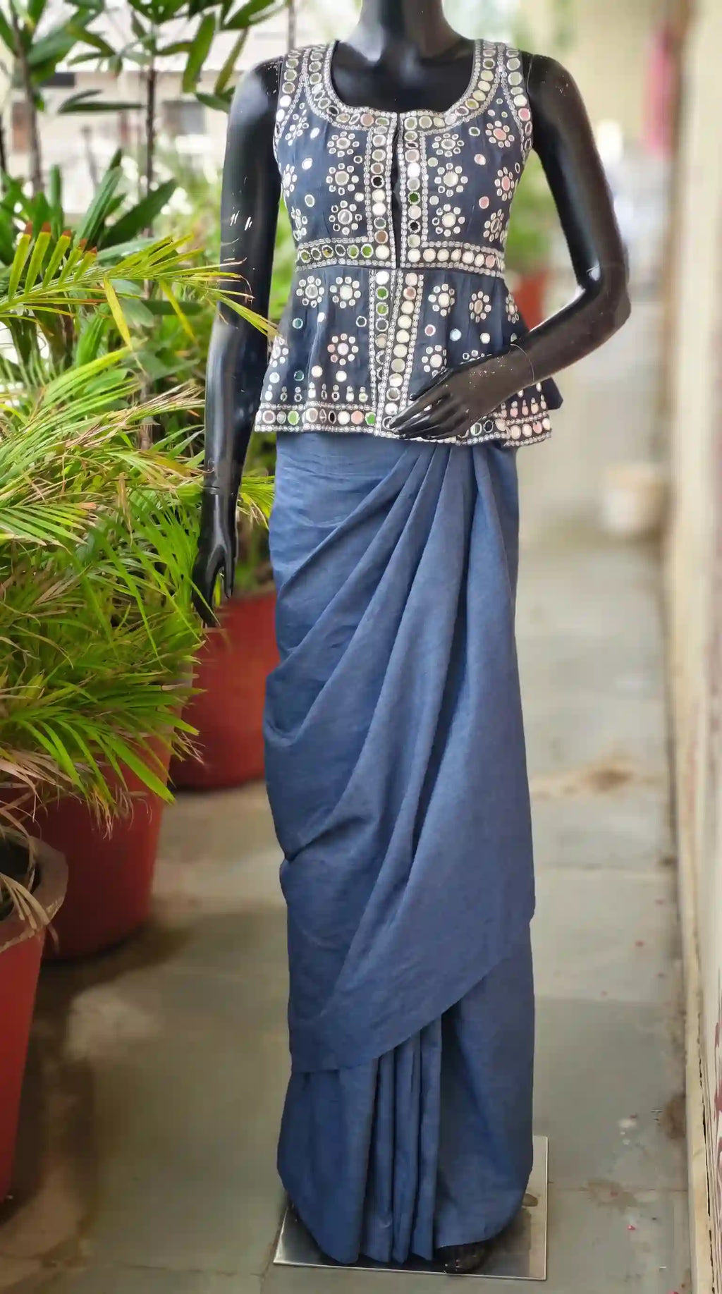 Blue Denim Peplum top Draped Skirt Set
