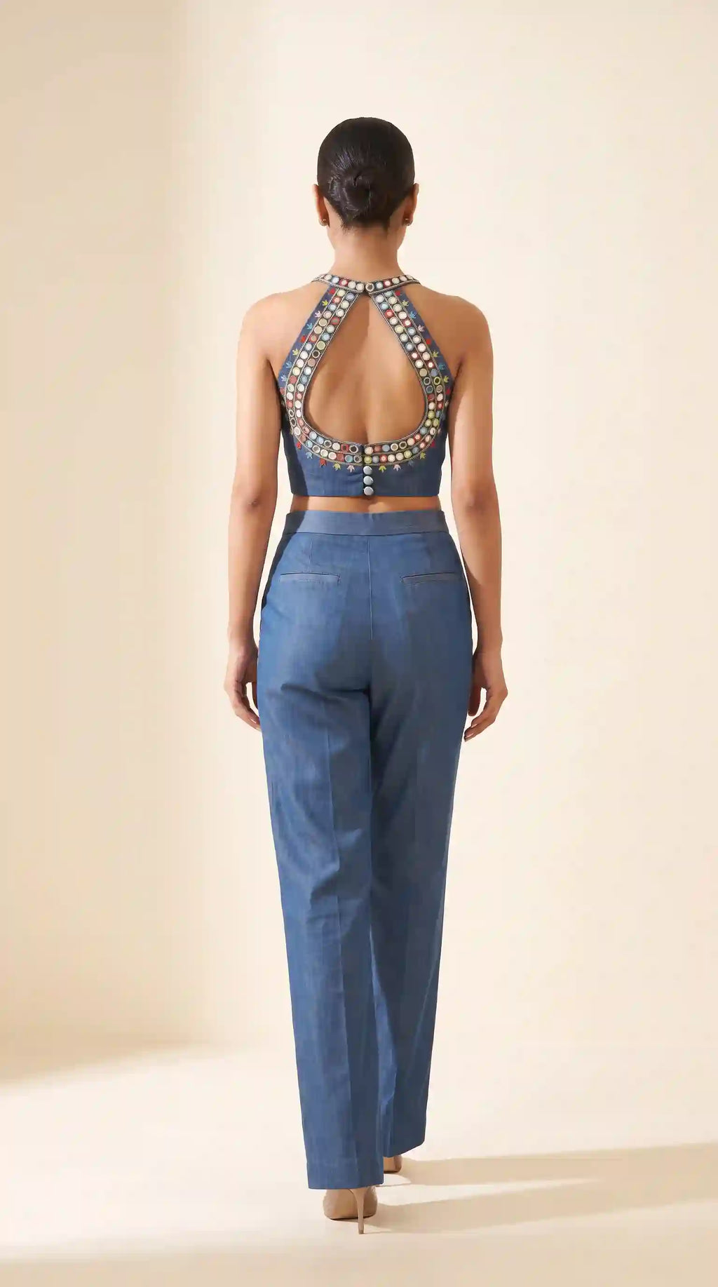 Blue Denim Multicolour Mirror Work Top-Pant Set