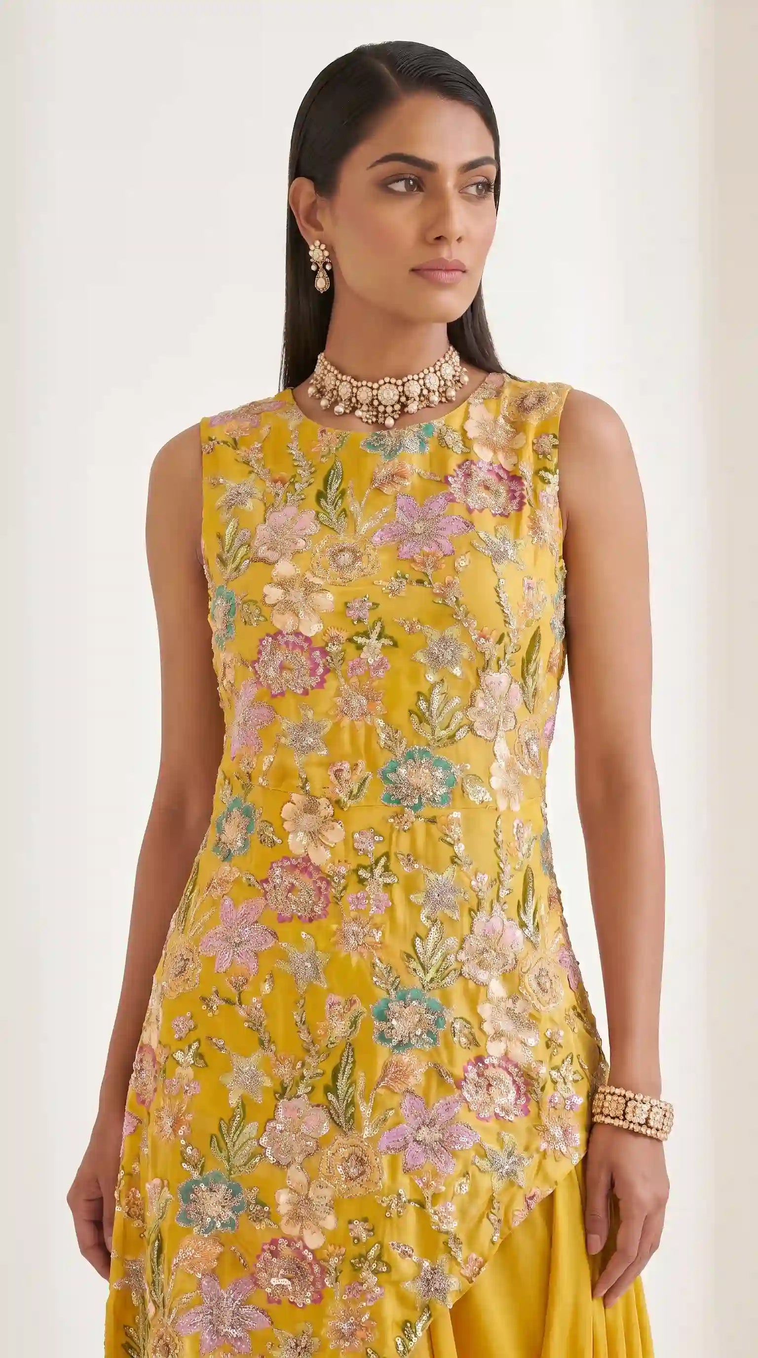 VEERA —Crepe Embroidered Asymmetrical Top & Draped Skirt Set