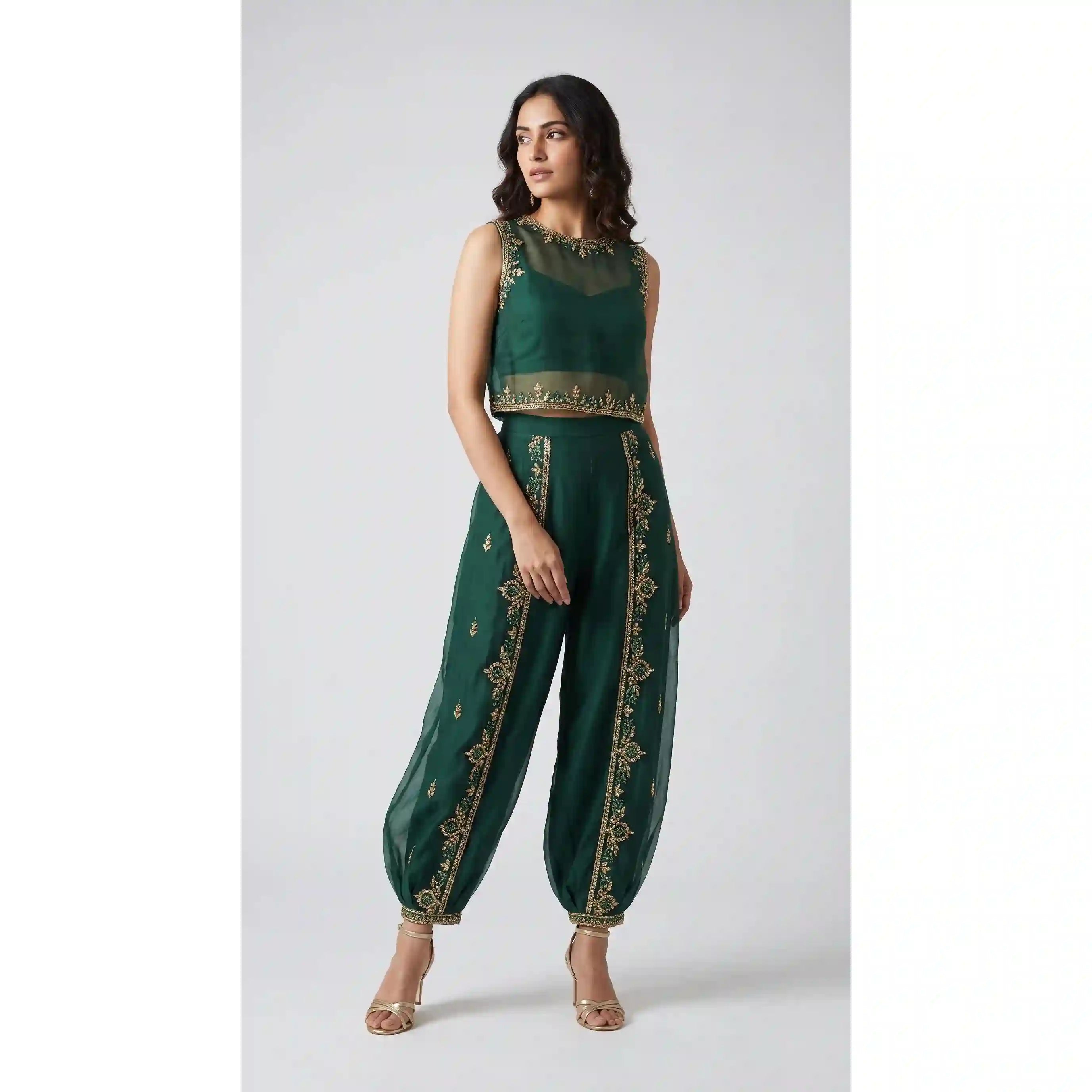 AARANYA — Emerald Green Organza Silk Embroidered Pant Set