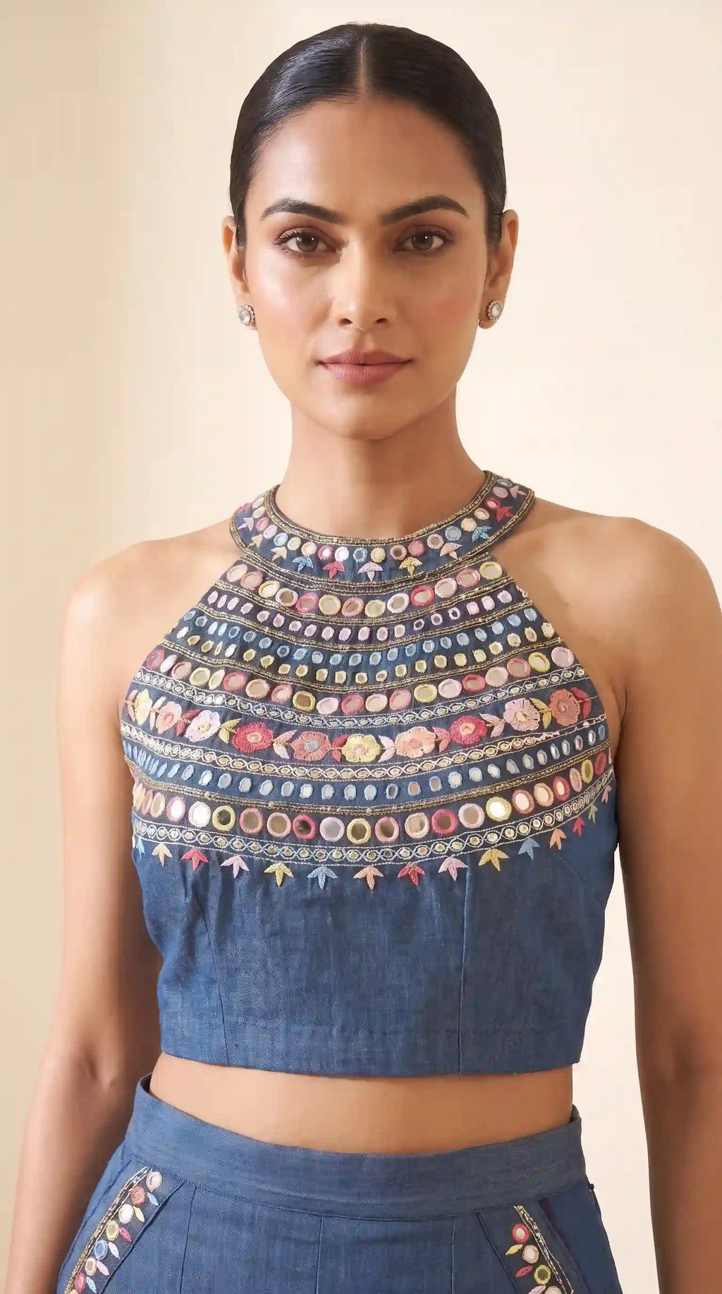 Blue Denim Multicolour Mirror Work Top-Pant Set