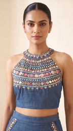 Blue Denim Multicolour Mirror Work Top-Pant Set
