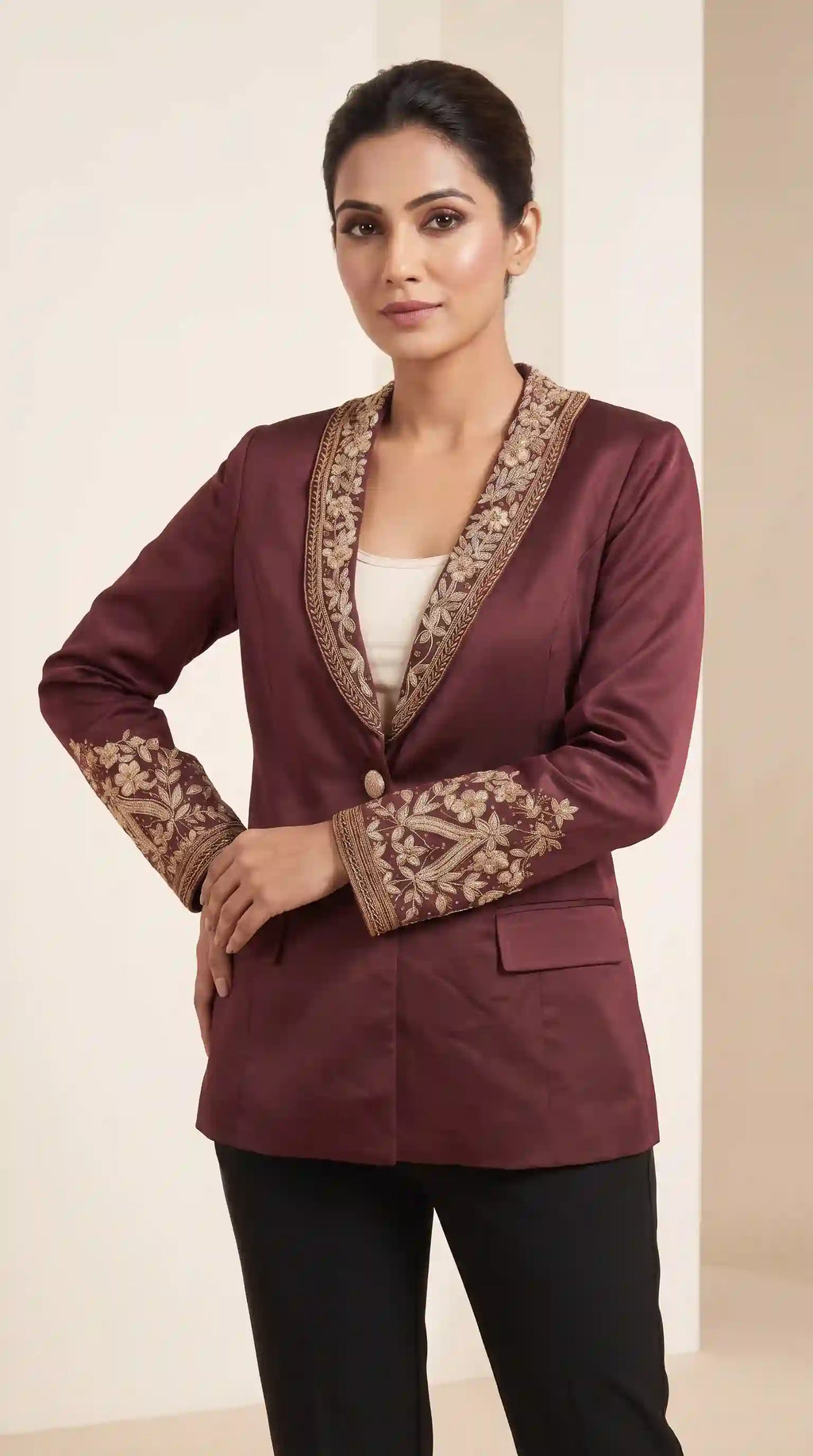 Brown Modal Silk Zardosi Work Blazer