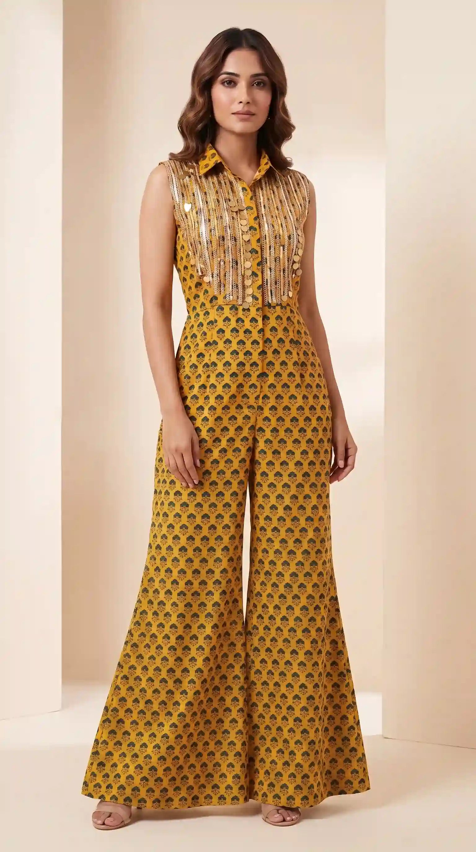 Yellow Ajrakh Modal Silk Jumpsuit with Embroidery