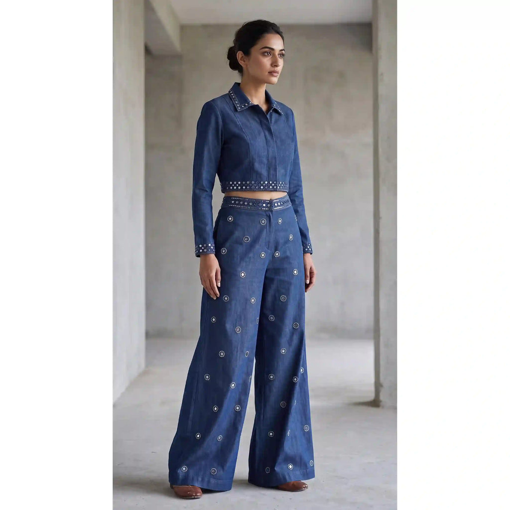 Blue Denim Mirror-Pearl Work Crop Shirt-Pant Set
