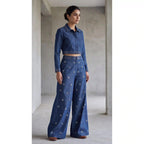 Blue Denim Mirror-Pearl Work Crop Shirt-Pant Set
