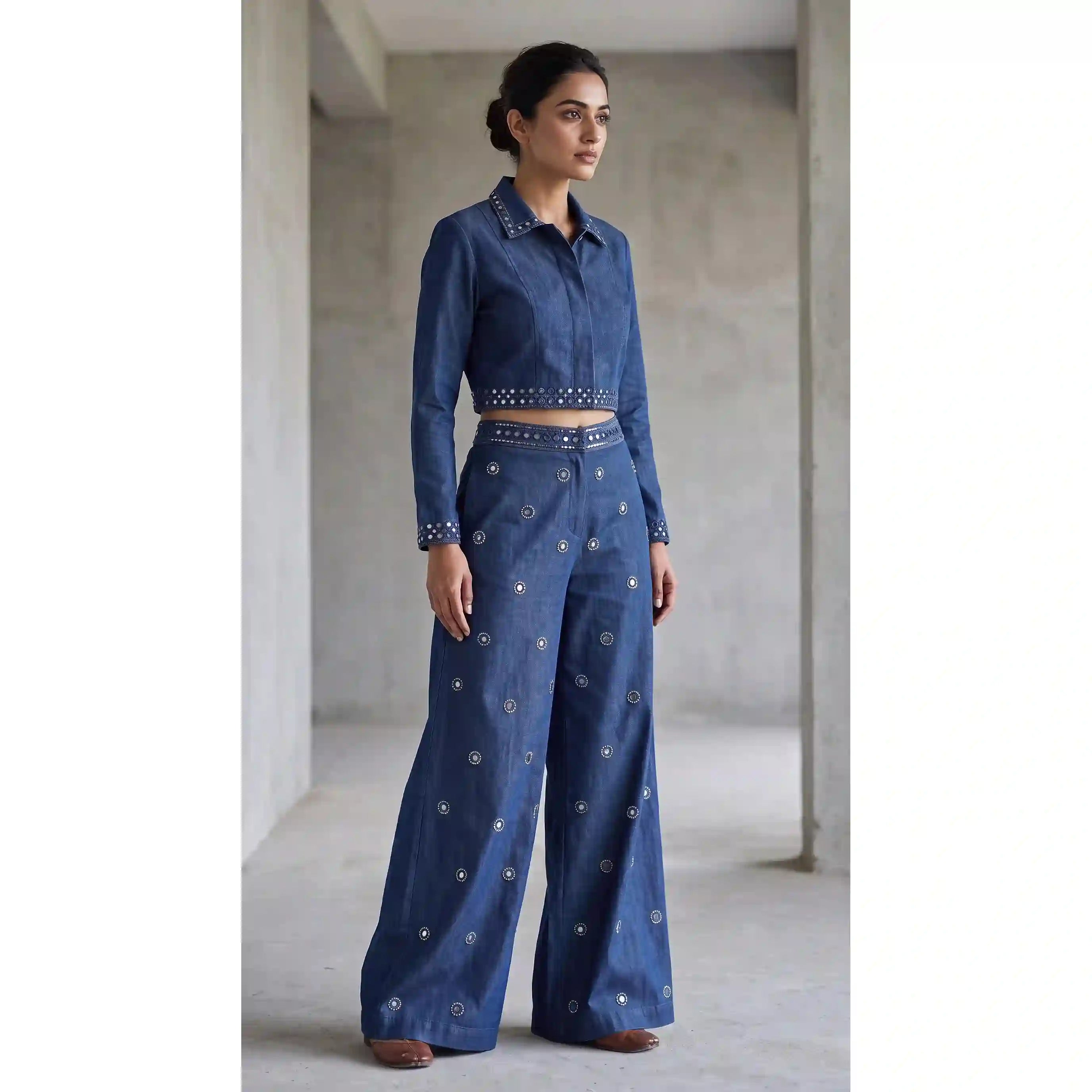 Blue Denim Mirror-Pearl Work Crop Shirt-Pant Set