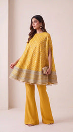 RANGIRA — Yellow Bandhani Print Cape Top & Modal Silk Pant Set — thumbnail 3