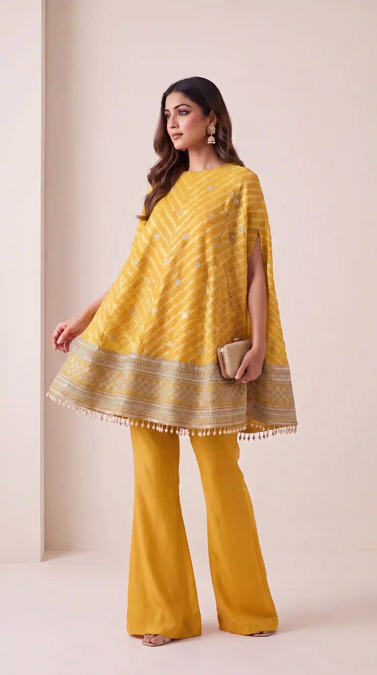 RANGIRA — Yellow Bandhani Print Cape Top & Modal Silk Pant Set