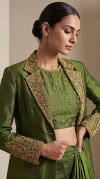 KAJRI — Handloom Tissue Silk Zardosi Blouse Draped Skirt and Blazer Set featuring zardosi hand embroidery