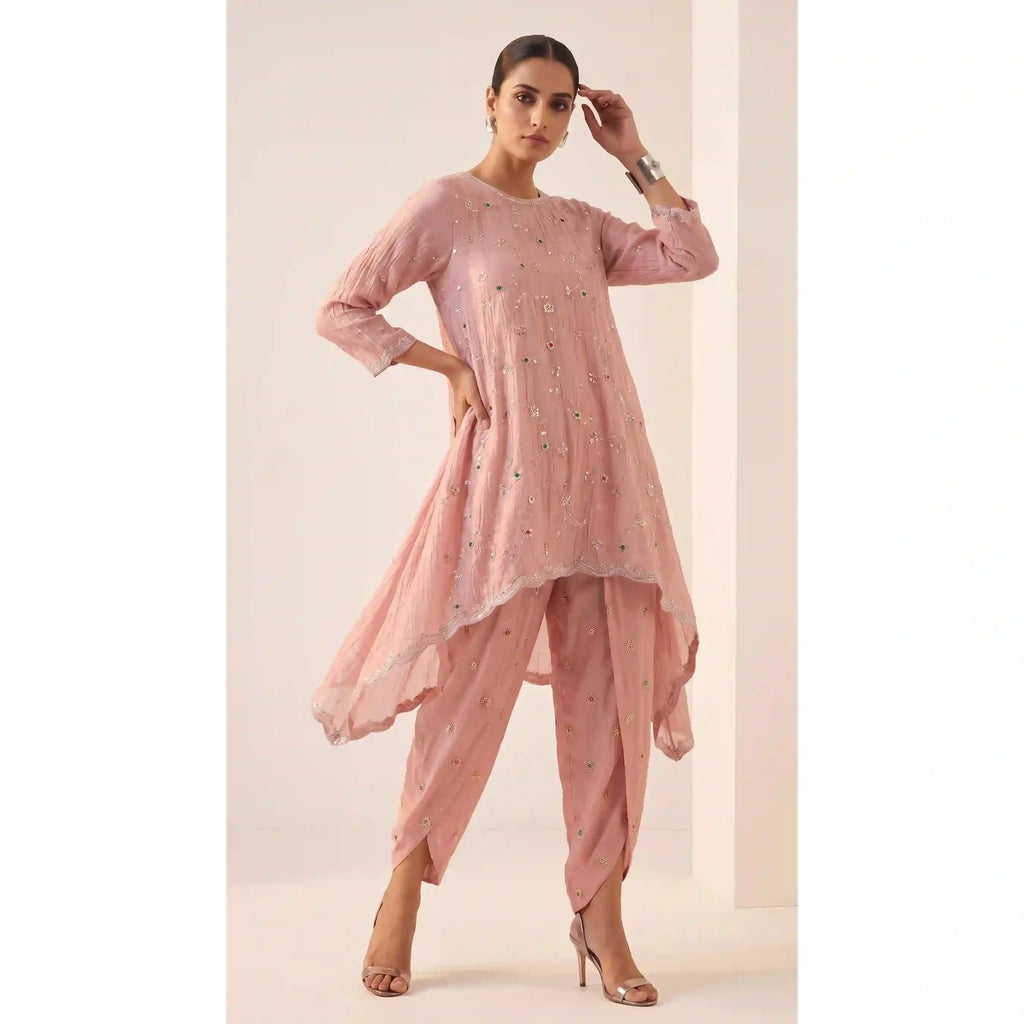 IRAAYA — Blush Pink Crushed Tissue Silk Kurta & Tulip Dhoti Set