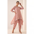 IRAAYA — Blush Pink Crushed Tissue Silk Kurta & Tulip Dhoti Set