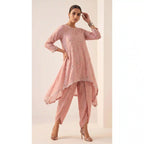 IRAAYA — Blush Pink Crushed Tissue Silk Kurta & Tulip Dhoti Set — thumbnail 1