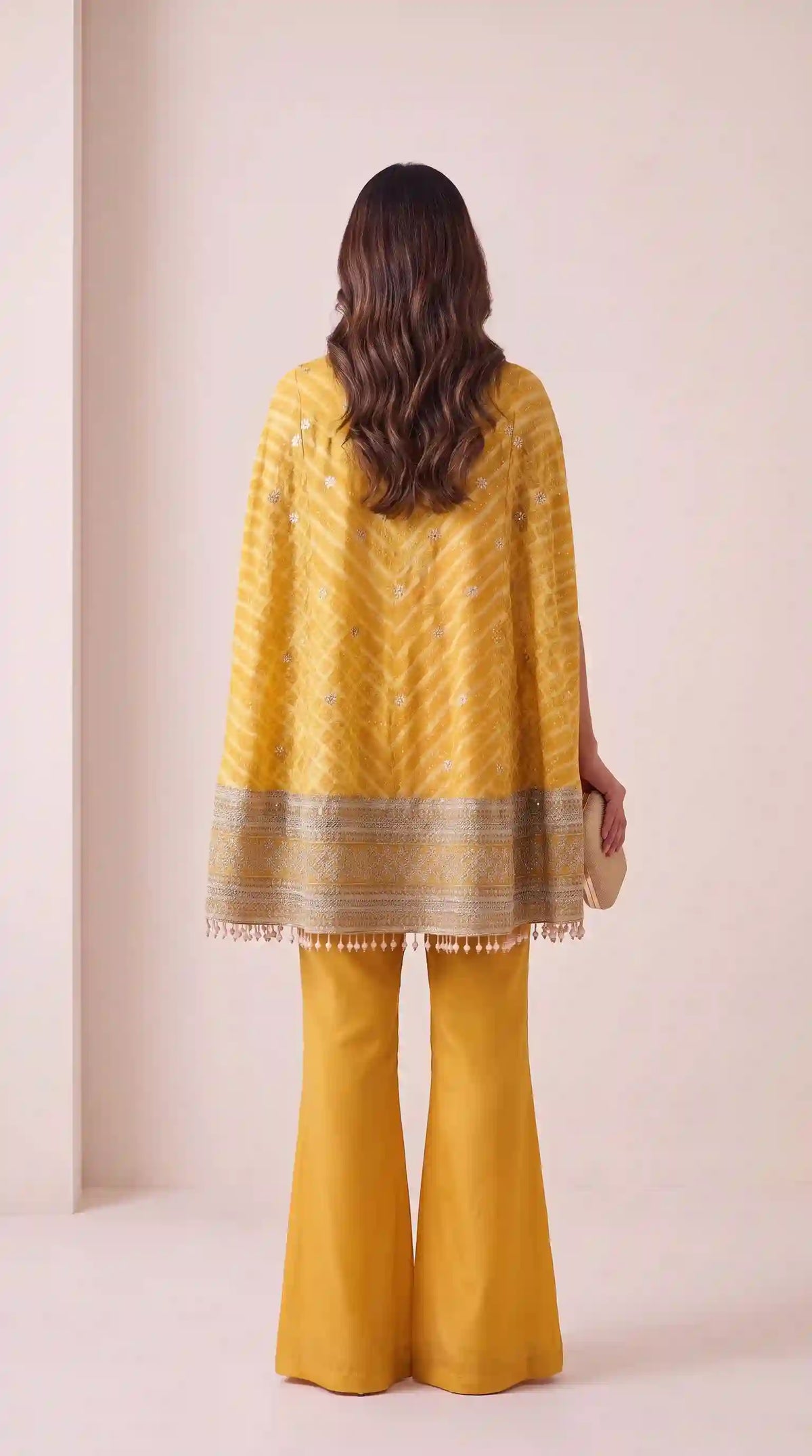RANGIRA — Yellow Bandhani Print Cape Top & Modal Silk Pant Set