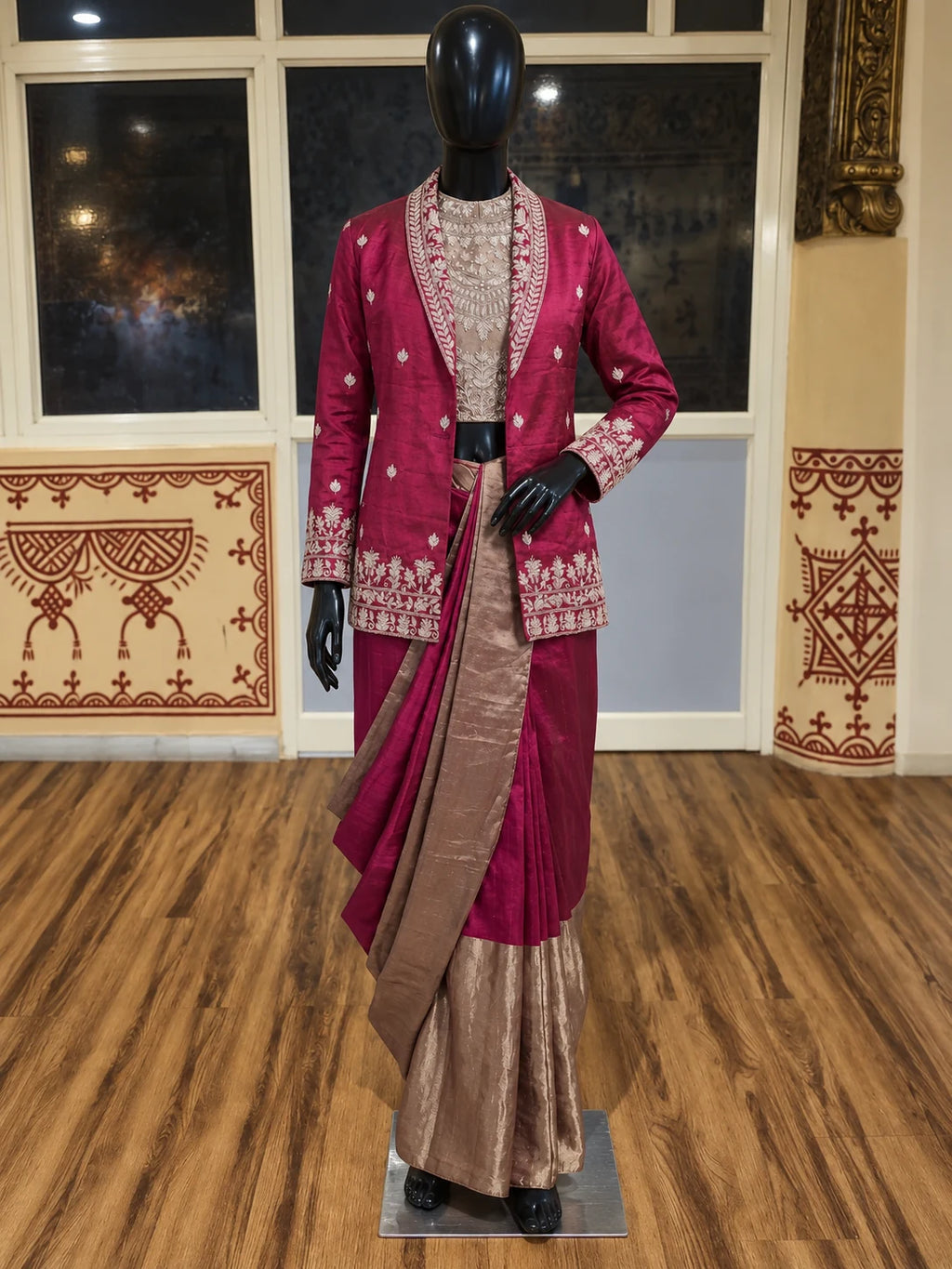 RANI — Handloom Tissue Silk Zardosi Blouse, Draped Skirt & Blazer Set — digitally created mannequin view in Swarna’s office, based on the product photographs