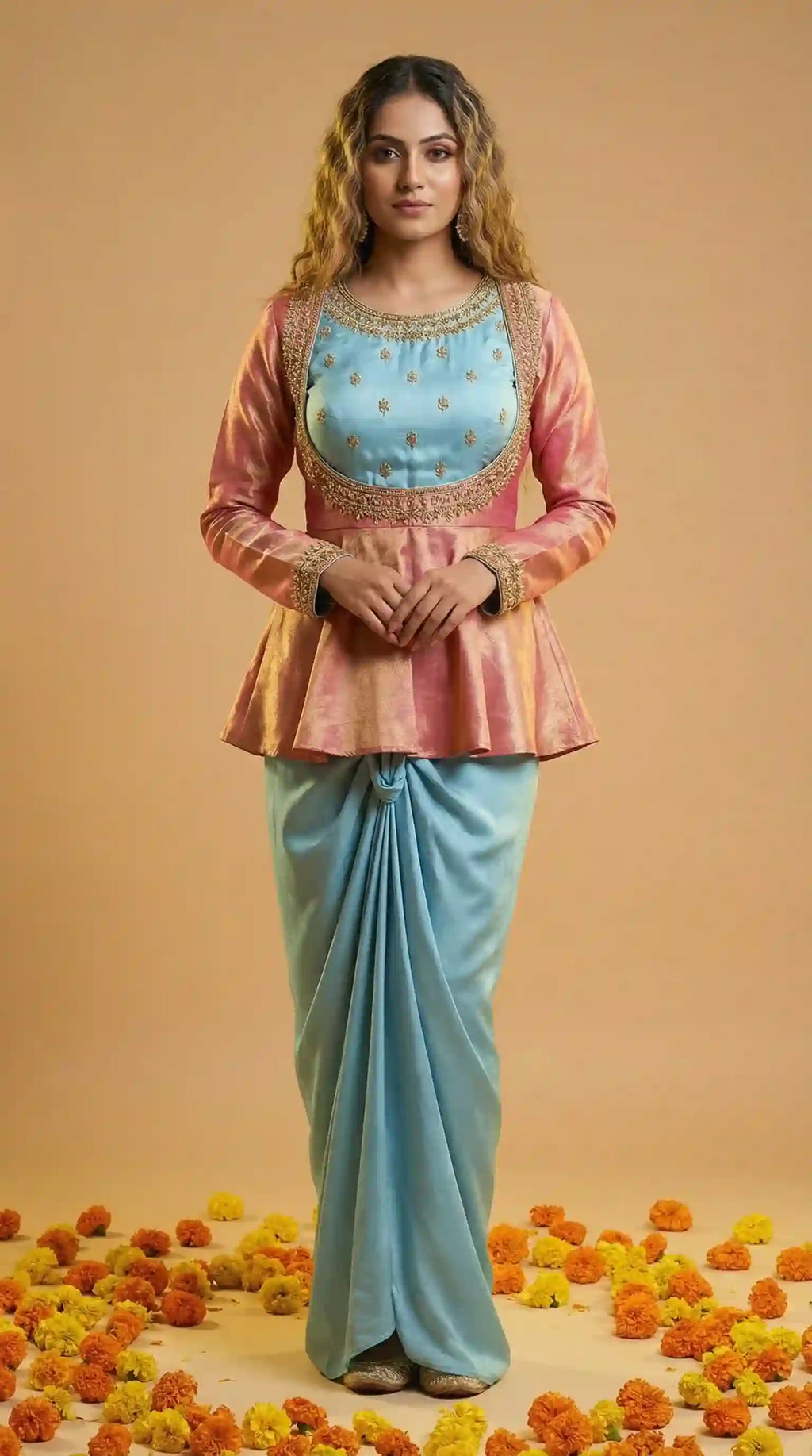 BANDHAN - Peplum Top-Draped Skirt Set