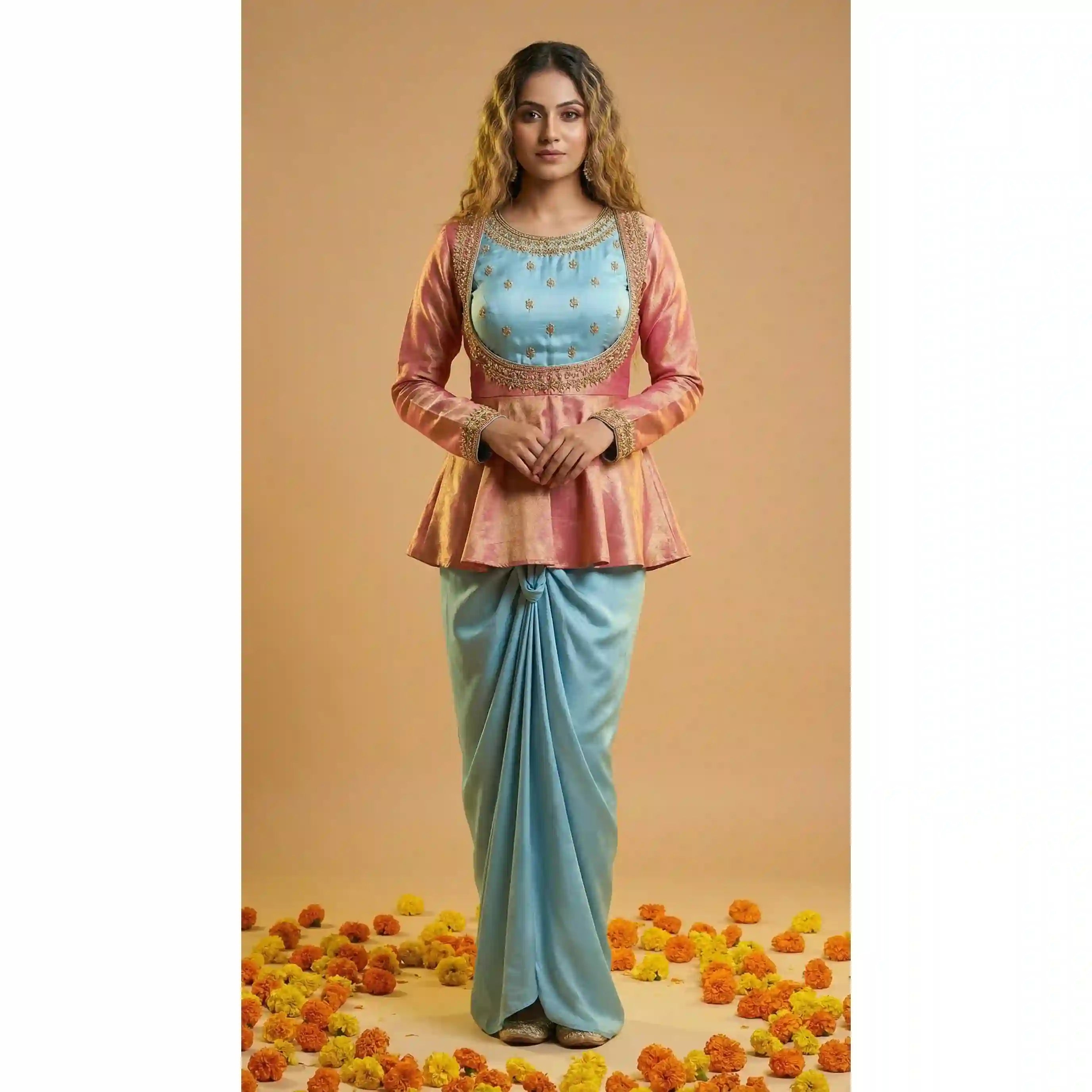 BANDHAN - Peplum Top-Draped Skirt Set