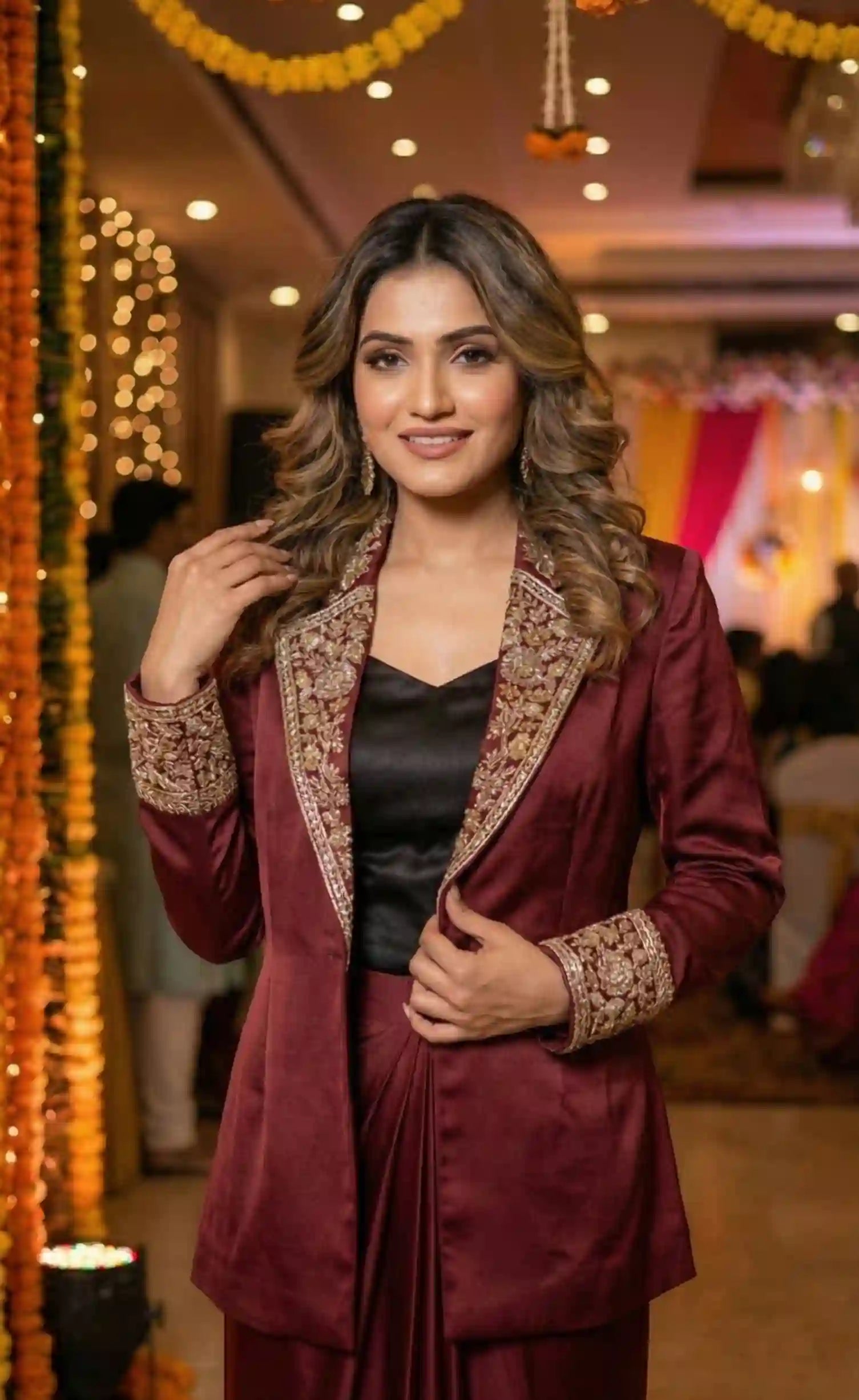 SUTRA - Crop Top-Draped Skirt Set with Blazer