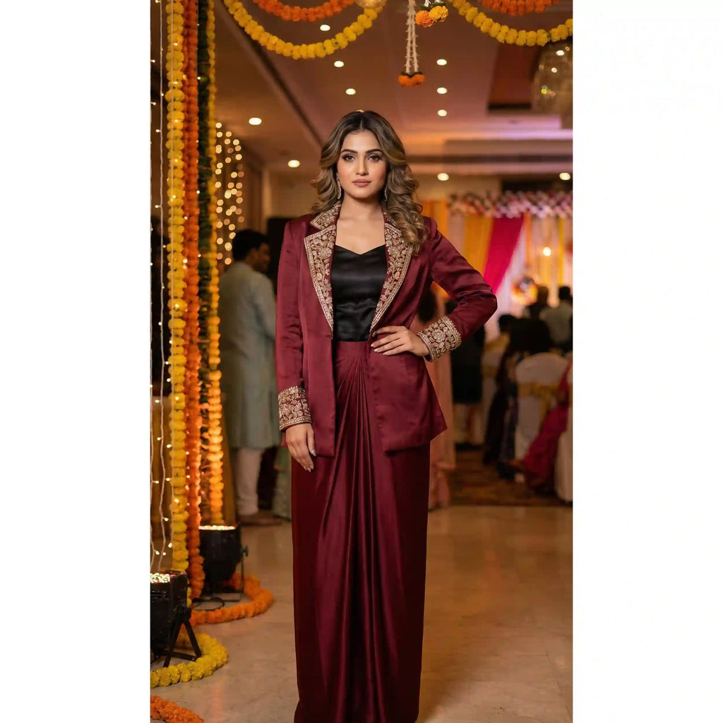 SUTRA - Crop Top-Draped Skirt Set with Blazer