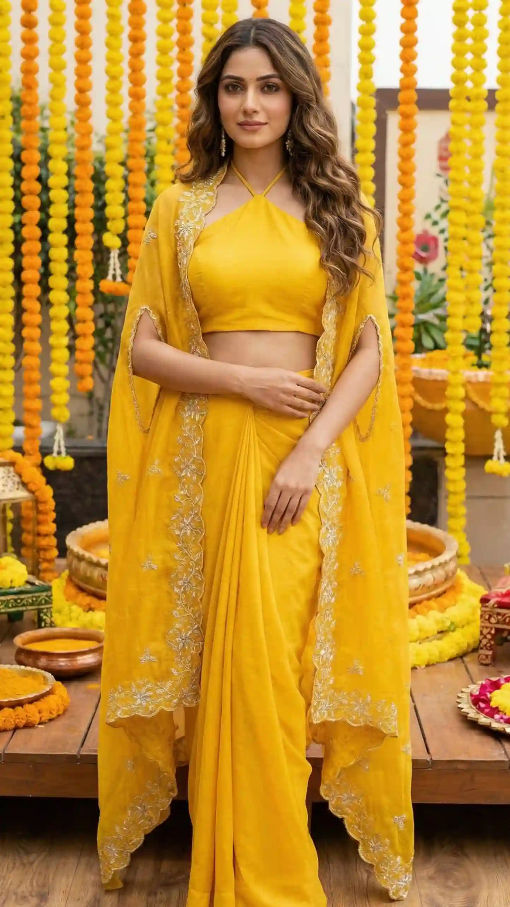 ZIVAH - Halter Neck Blouse-Draped Skirt and Cape