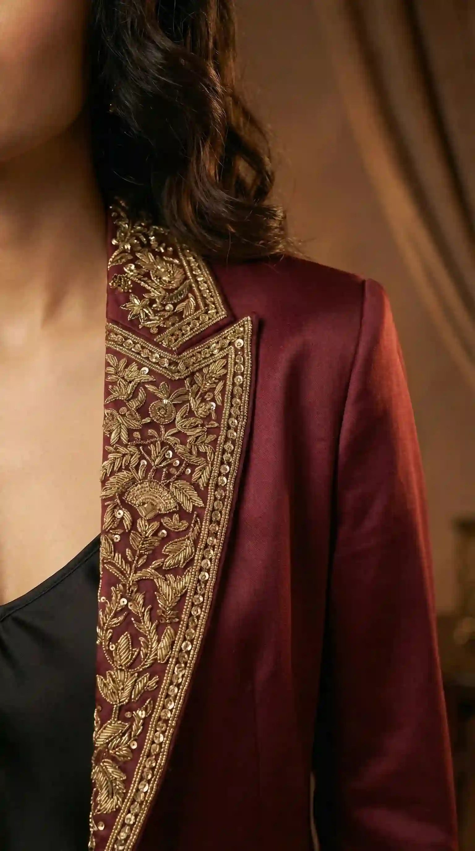 Maroon Modal Silk Zardosi Work Blazer