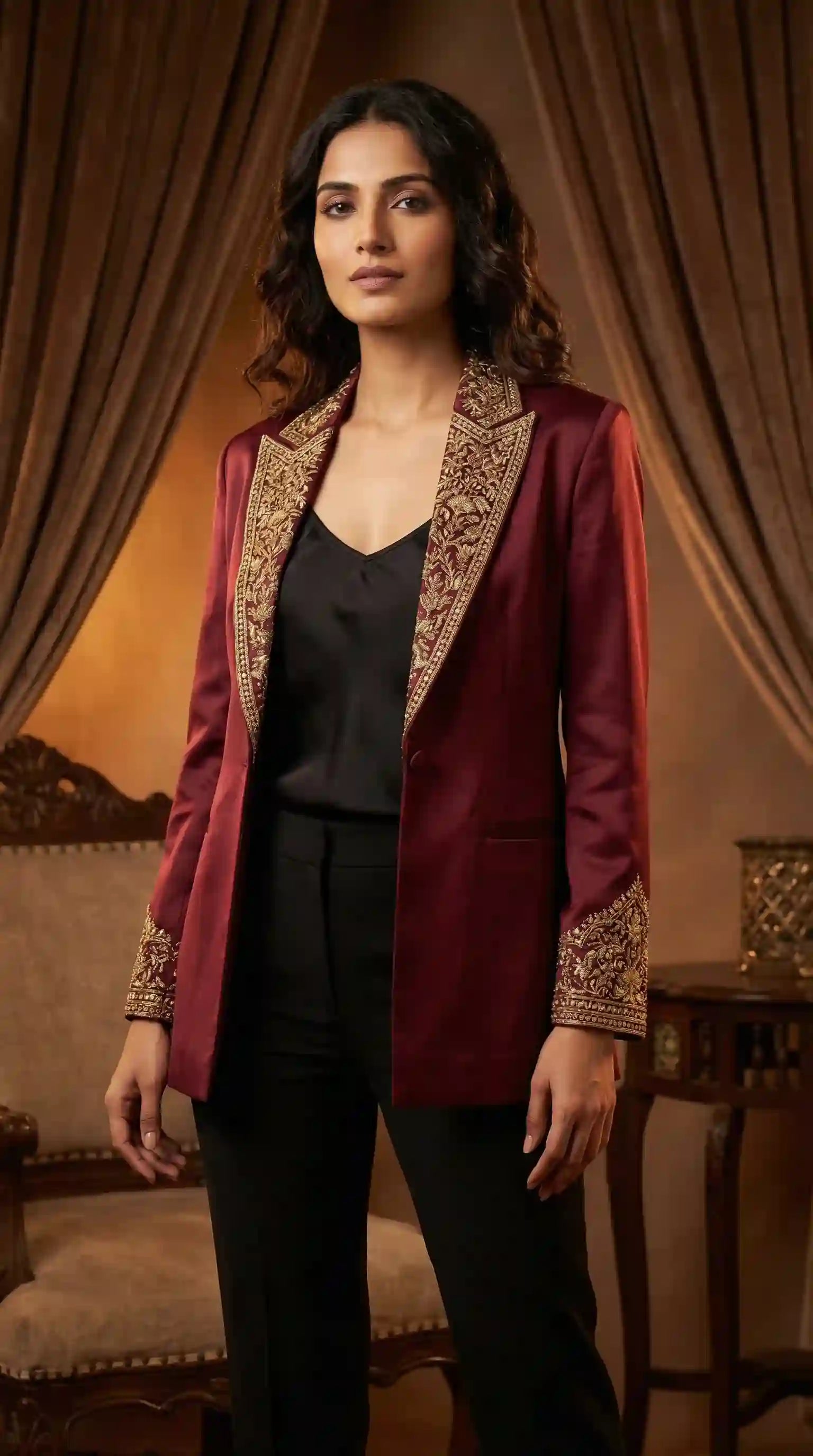 Maroon Modal Silk Zardosi Work Blazer