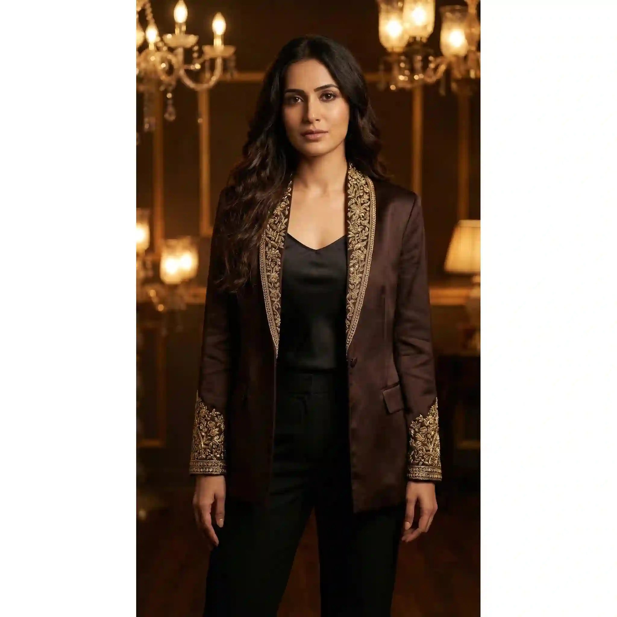 Brown Modal Silk Zardosi Work Blazer